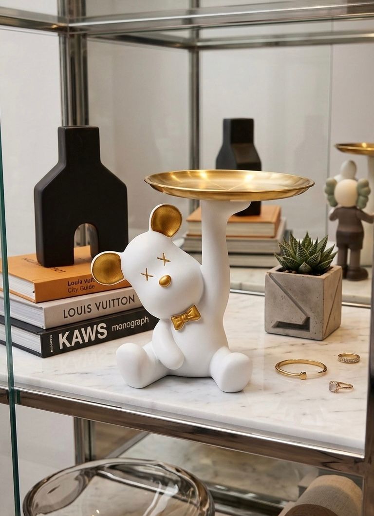 Resin Bear Sculpture With Metal Tray