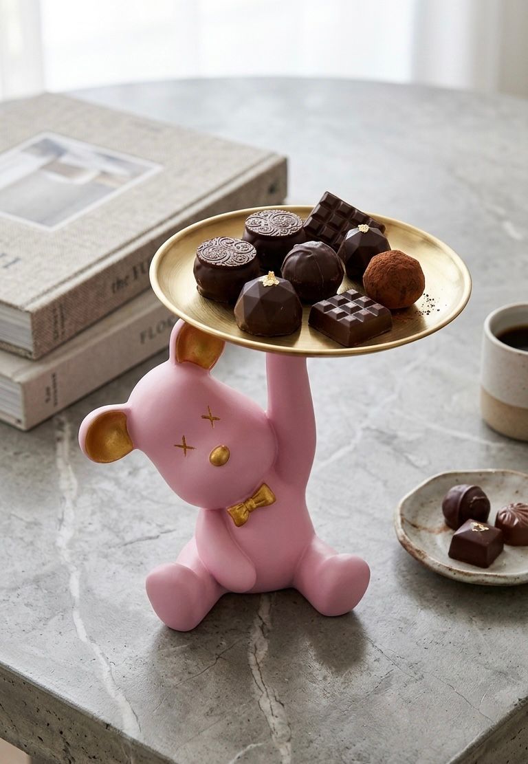 Resin Bear Sculpture With Metal Tray