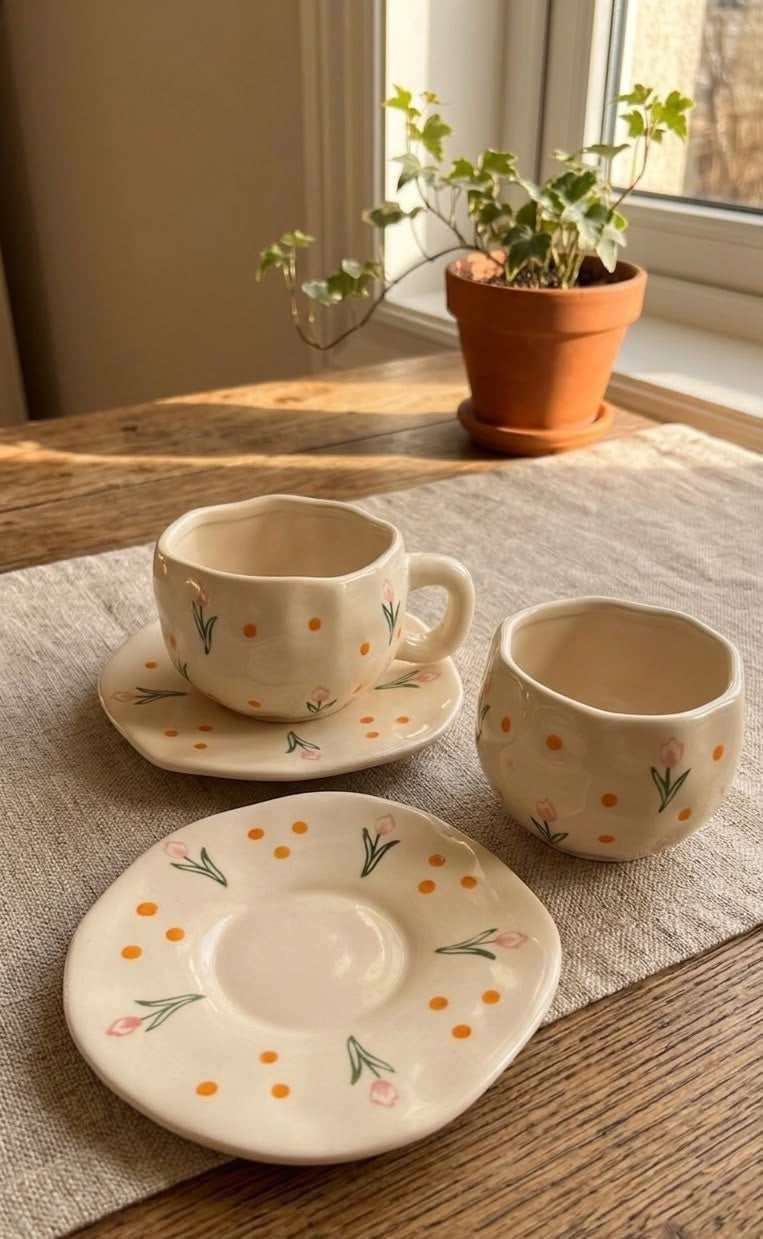 Ceramic Flower Mug With Plate