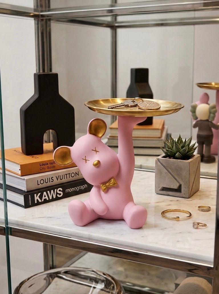 Resin Bear Sculpture With Metal Tray