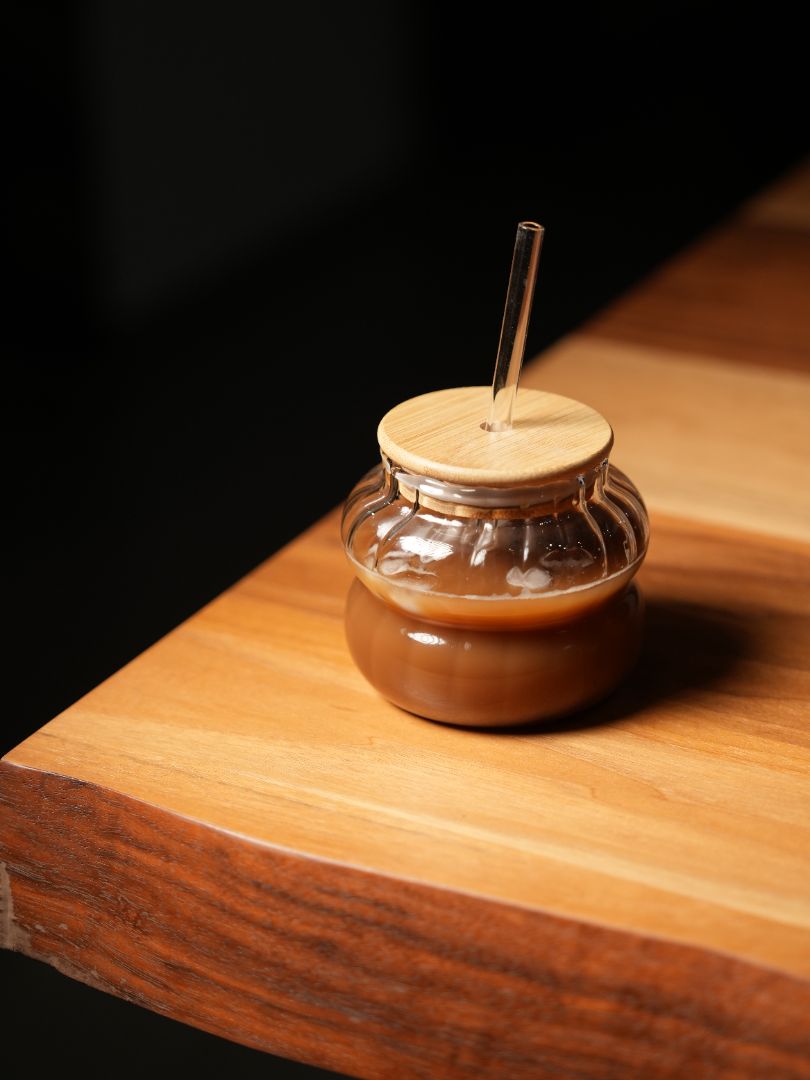 Glass Iced Coffee Cup With Lid & Straw