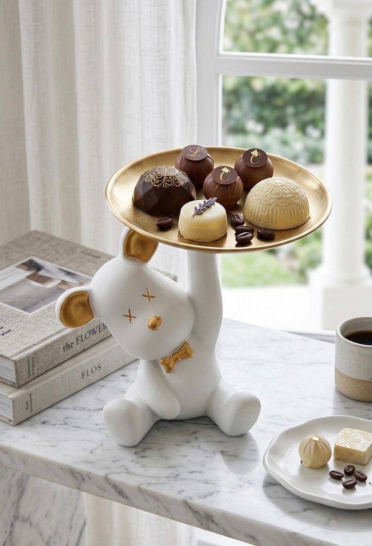 Resin Bear Sculpture With Metal Tray